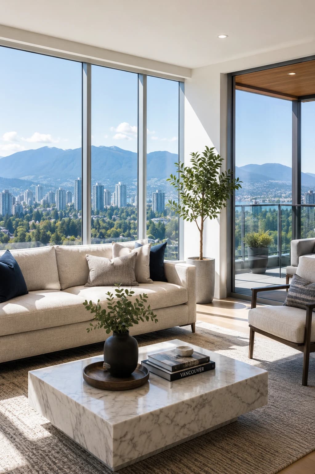 Bright Greater Vancouver condo living room with mountain and city views